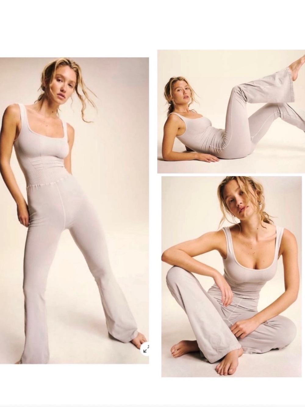 Free People Good Karma Flare One Piece Ice Grey Scoop Neck Ribbed Jumpsuit NWOT